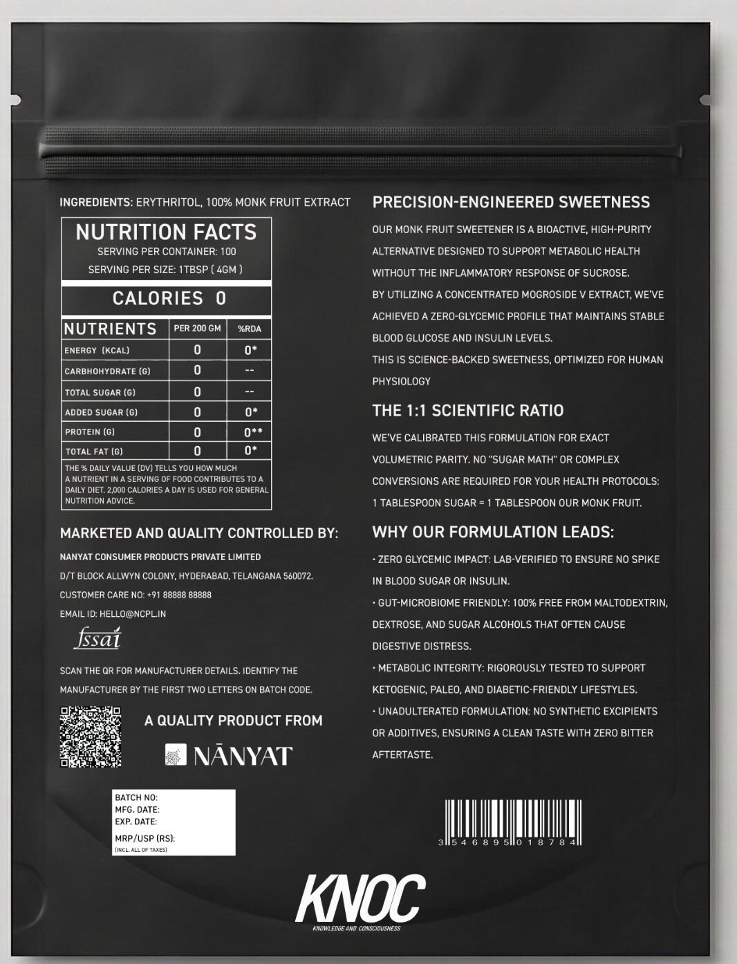 KNOC packaging — nutrition facts and science panel